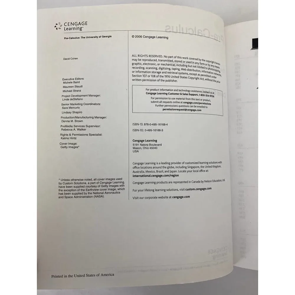 Pre-Calculus University of Georgia Soft Cover Textbook 2006 -- David Cohen